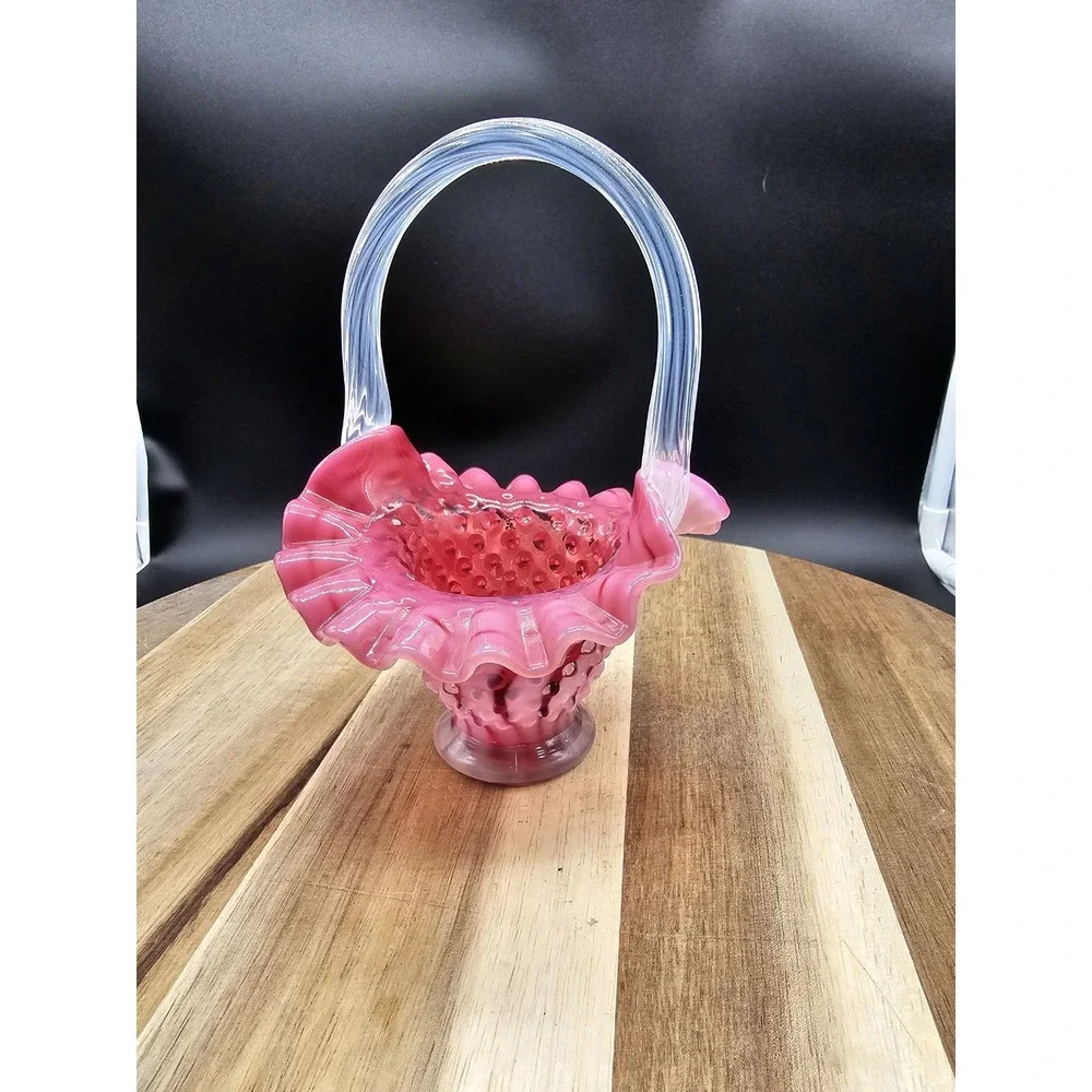 Fenton Cranberry Pink Opalescent Hobnail‎ Basket Clear Handle 6